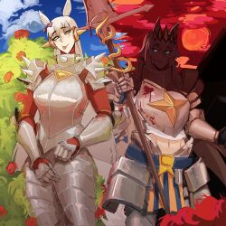  2girls absurdres ahoge alternate_costume animal_ears armor ballistic_shield blood blood_on_armor blue_eyes bow breastplate cape cupperexe full_armor full_moon gauntlets gloves gold_ship_(umamusume) gradient_sky grey_hair grey_tail hair_between_eyes hair_ornament highres holding holding_polearm holding_shield holding_weapon horse_ears horse_girl horse_tail knight lance long_hair looking_at_viewer medieval moon multicolored_hair multiple_girls oguri_cap_(umamusume) pauldrons polearm purple_bow red_moon red_sky shield shoulder_armor sky solo tail tongue tongue_out umamusume weapon 