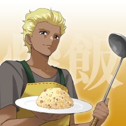 1boy apron blonde_hair dark-skinned_male dark_skin dearka_elsman food fried_rice grey_shirt gundam gundam_seed highres holding holding_ladle howling ladle male_focus shirt smile solo t-shirt upper_body violet_eyes watanore yellow_apron 