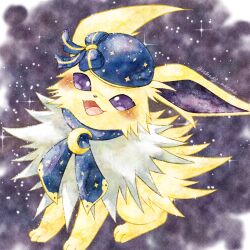  :d animal_focus animal_hands blue_bow blue_hat blue_scarf bow crescent_moon fangs fluffy full_body hat highres jolteon jolteon_(starry_sky) looking_at_viewer moon neck_fur no_humans open_mouth pokemon pokemon_(creature) pokemon_cafe_remix pokemon_focus purple_background remedy_matome scarf simple_background sitting smile space_print starry_sky_print violet_eyes white_fur yellow_fur 