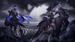  1boy 1girl anchor aqua_hat arknights black_cape black_coat black_hat black_mask cape clouds cloudy_sky coat covered_mouth gladiia_(arknights) grey_hair haaahoi hair_over_one_eye hat hat_belt high_collar highres holding holding_anchor holding_polearm holding_weapon looking_at_viewer looking_back mask mouth_mask ninja_mask ocean pants pointy_ears polearm red_eyes short_hair sitting sky tight_clothes tight_pants torn_clothes torn_hat ulpianus_(arknights) weapon 