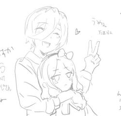  2girls :&lt; blush bow closed_eyes ebizuka_tomo girls_band_cry greyscale hair_between_eyes hair_bow long_hair_between_eyes lowres mole mole_under_eye monochrome multiple_girls n_nai_nai_n oekaki open_mouth rupa_(girls_band_cry) short_hair sketch teeth translation_request upper_teeth_only v 