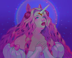  1girl animal_ears aukkenopsia blue_eyes bow dress fantasy highres horns horse_ears lips long_hair looking_at_viewer multicolored_hair original pink_hair simple_background single_horn solo unicorn_girl unicorn_horn wavy_hair 