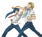  battle blonde_hair blue_hair ebi_(pixiv66713) fighting long_hair macross macross_frontier male male_only manly martial_arts mikhail_buran necktie punch punching saotome_alto short_hair 