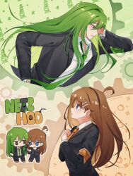 1boy 1girl ahoge armband black_jacket blue_eyes brown_eyes brown_hair chibi chibi_inset collared_shirt commentary green_armband green_hair green_necktie hetero highres hod_(project_moon) jacket lobotomy_corporation long_hair necktie netzach_(project_moon) orange_armband orange_necktie ori_oriio project_moon shirt symbol-only_commentary very_long_hair white_shirt 