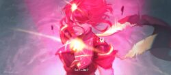  absurdres bodysuit coat_tail_ornament energy english_text glowing headpiece highres pikwat pyra_(xenoblade) red_aura red_bodysuit red_eyes red_hair scene_reference short_hair shoulder_pads signature wind xenoblade_chronicles_(series) xenoblade_chronicles_2 