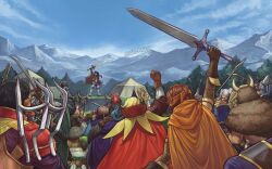  6+girls blue_hair commission crowd fire_emblem fire_emblem_awakening headband holding holding_weapon mountainous_horizon multiple_girls priam_(fire_emblem) ragnell shg_(hiomaika) tent tree weapon 