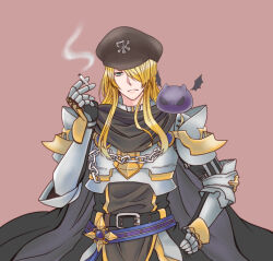  1boy armor belt black_belt black_cape black_gloves black_shirt blonde_hair blue_belt breastplate brown_background brown_hat cape chain cigarette closed_mouth commentary_request deviling emblem frown fujita_(fuzuneko) gauntlets gloves hair_over_one_eye hand_on_own_hip hat highres holding holding_cigarette long_hair looking_at_viewer male_focus newsboy_cap official_alternate_costume pauldrons ragnarok_online rune_knight_(ragnarok_online) shirt shoulder_armor sidelocks simple_background smoking solo upper_body variant_set 