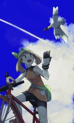  1girl bandana bicycle bike_shorts bird blue_eyes blue_sky brown_hair carrying clouds cloudy_sky darami_chan flying from_below gloves green_bandana highres holding holding_letter letter may_(pokemon) open_mouth outdoors pokemon pokemon_(creature) pokemon_emerald pokemon_rse riding riding_bicycle seagull sky smile wingull 