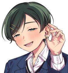  1girl :d animal_earrings aqua_eyes bird_earrings black_sweater blazer blue_jacket collared_shirt dress_shirt earrings futsuu_no_keion-bu gold_earrings green_hair hair_ornament hairpin half-closed_eyes hand_on_own_ear hand_up highres jacket jewelry kouyama_rin open_mouth pixie_cut portrait rra_(yj) school_uniform shirt short_hair simple_background smile solo sweater white_background white_shirt 
