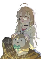  1girl absurdres ahoge bird black_choker black_streaks bow brown_feathers brown_hair brown_hoodie brown_skirt choker closed_eyes commentary crossed_bangs earrings english_commentary feathers food-themed_earrings glasses green_bow highres hololive hololive_english hood hoodie hooman_(nanashi_mumei) jewelry long_hair long_skirt long_sleeves mazumaro multicolored_hair nanashi_mumei nanashi_mumei_(casual) official_alternate_costume open_mouth owl plaid_clothes plaid_skirt red_shirt shirt simple_background skirt sleeping sleeping_upright solo streaked_hair sweater virtual_youtuber white_background white_streaks white_sweater 