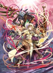  1boy 1girl arrow_(projectile) black_eyes black_gloves black_hair blonde_hair bow_(weapon) capelet closed_mouth copyright_notice dress feather_hair_ornament feathers gandiva_(z/x) gloves green_eyes hair_ornament hat hat_feather heterochromia highleg highres holding holding_arrow holding_bow_(weapon) holding_sword holding_weapon long_hair miyakonojo_izumo official_art pantyhose sword toyota_saori vambraces violet_eyes weapon white_capelet white_dress white_hat z/x 