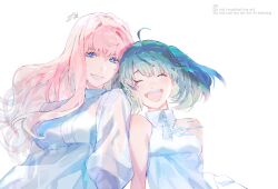  2girls ahoge aisutabetao bare_shoulders blonde_hair blue_eyes breasts closed_eyes dress eyelashes facing_viewer green_hair heads_together highres large_breasts leaning_on_person leaning_to_the_side long_hair looking_at_viewer macross macross_frontier medium_hair multiple_girls open_mouth parted_lips puffy_sleeves ranka_lee sheryl_nome sidelocks signature simple_background sleeveless sleeveless_dress small_breasts smile upper_body white_background white_dress 