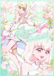  1girl artist_logo bare_shoulders bloom blunt_bangs bob_cut bubble_skirt choker cure_zukyuun dress earrings elbow_gloves eyelashes finger_gun floral_background floral_print frilled_ribbon frills full_moon gingham_dress gloves green_hair hair_extensions hair_ornament hair_wings hairpin heart-shaped_lock idol jewelry kamikita_futago kimi_to_idol_precure kneehighs logo long_eyelashes long_hair looking_at_another miniskirt moon multiple_earrings musical_note musical_note_hair_ornament open_clothes pearl_earrings petals pink_hair precure puffy_dress purirun_(civilian)_(precure) purirun_(precure) ribbon ribbon_choker see-through_clothes see-through_shirt see-through_sleeves shirt short_dress short_hair single_bare_leg single_kneehigh single_sleeve single_sleeve_cuff single_sock single_wide_sleeve skirt smile socks solo solo_focus teeth upper_teeth_only white_gloves wing_hair_ornament 