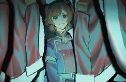  1girl :d aijou_karen artist_name belt blue_jacket brown_eyes brown_hair commentary crown english_commentary epaulettes fur-trimmed_jacket fur_trim grey_belt grin highres indoors jacket ling_(chaaaaanhikari) long_sleeves looking_at_viewer mini_crown multicolored_jacket red_jacket shadow shoujo_kageki_revue_starlight smile solo standing tassel tilted_headwear two-tone_jacket two_side_up unworn_jacket upper_body 