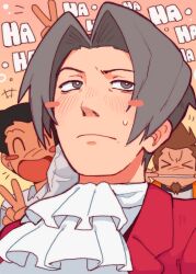  &gt;_&lt; 3boys ^_^ ace_attorney ascot black_hair blush_stickers brown_hair closed_eyes curtained_hair facial_hair goatee grey_hair highres jacket larry_butz laughing male_focus miles_edgeworth mouth_pull multiple_boys nanomias phoenix_wright red_jacket shirt short_hair solo_focus v white_ascot white_shirt 