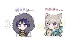  ... 1boy 1girl :t animal_ear_fluff animal_ears aqua_bow argyle_bow black_bodysuit black_capelet black_gloves blunt_bangs blush bodysuit bow bright_pupils capelet cat_ears cat_girl closed_mouth coat collar collared_shirt cropped_torso doughnut eating eyelashes facial_mark fatui_coat food food_on_face food_wrapper fur-trimmed_hood fur_trim genshin_impact gloves gold grey_hair holding holding_donut holding_food hood hood_up hooded_coat jewelry lapels looking_to_the_side lynette_(genshin_impact) mandarin_collar mkgnmk3 neck_ring open_clothes open_coat pink_eyes purple_hair scaramouche_(genshin_impact) shirt short_hair sidelocks sound_effects spoken_ellipsis star_(symbol) star_facial_mark swept_bangs tareme twitter_username violet_eyes white_background white_coat white_collar white_hood white_pupils wispy_bangs 