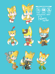  6+boys absurdres animal_ears animal_nose anti-tails black_hair blue_background blue_eyes chibi chibi_only classic_tails commentary_request fox_boy fox_ears fox_tail furry furry_male gloves highres looking_at_viewer male_focus mangey_(sonic) multiple_boys multiple_persona multiple_tails nine_(sonic) renti_(chocolaxor) sails_(sonic) shoes simple_background smile sonic_(series) sonic_prime sonic_r sonic_the_hedgehog_(archie_comics) sonic_the_hedgehog_(classic) tail tails_(sonic) tails_doll two_tails white_gloves yellow_fur 