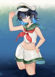  black_hair blue_background blue_eyes collared_shirt crop_top fang floating_clothes gradient_background hand_on_headwear hand_on_own_hip hat highres looking_at_viewer medium_hair midriff murasa_minamitsu navel neckerchief onion_(onion_and_pi-natto) pointy_ears red_neckerchief shirt shorts skin_fang sleeveless sleeveless_shirt touhou wading water white_hat white_shirt white_shorts wind 