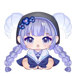  1girl :o absurdly_long_hair absurdres animal_feet animal_hands bell black_headscarf blue_dress blue_flower blunt_bangs braid chibi chinese_commentary collared_dress commentary_request country_lolita double-parted_bangs dress eyelashes floral_print flower frilled_dress frills fringe_trim goat_horns hair_flower hair_ornament hair_rings hands_on_lap headscarf highres horns horns_through_headwear human_head infinity_nikki light_blush lolita_fashion long_dress long_hair long_sleeves low_twin_braids neck_bell nikki_(series) open_mouth pastoral_dance_(infinity_nikki) pawpads print_shawl puffy_long_sleeves puffy_sleeves purple_hair rabbit shawl simple_background sitting sleeves_past_wrists solo straight-on tareme translucent_horns twin_braids very_long_hair violet_eyes white_background white_horns white_shawl xinjinjumin494498383575 