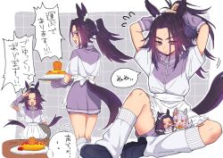  1boy 2girls alternate_costume animal_ears apron arm_warmers black_hair blunt_bangs blush bow breasts carrot closed_eyes closed_mouth commentary_request ear_bow faceless faceless_male feeding fenomeno_(umamusume) food frilled_apron frills fruit gold_ship_(umamusume) grey_hair hair_bow hair_ornament holding holding_spoon horse_ears horse_girl horse_tail jacket jersey_maid ketchup long_hair loose_socks maid maid_apron maid_headdress multicolored_hair multiple_girls omelet omurice open_mouth pink_jacket plate ponytail purple_hair purple_jacket purple_shorts salute sasaki_(glass1138) shoes short_sleeves shorts smile socks speech_bubble spoon strawberry tail track_jacket trainer_(umamusume) translation_request tying_hair umamusume unconventional_maid violet_eyes waist_apron white_apron white_headdress white_jacket white_socks 
