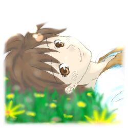  1boy border brown_eyes brown_hair brown_vest closed_mouth flower looking_at_viewer lowres lying male_focus oekaki on_back on_ground original shirt short_hair smile solo tororo_(16763) upper_body vest white_border white_shirt yellow_flower 
