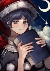  1girl absurdres black_capelet blue_eyes blue_hair book capelet closed_mouth clouds commentary_request crescent_moon doremy_sweet hat highres holding holding_book looking_at_viewer moon nanaironokabi nightcap pom_pom_(clothes) red_hat short_hair smile solo touhou upper_body 