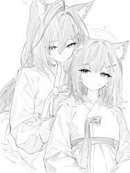  2girls animal_ear_fluff animal_ears blue_archive choker closed_mouth cross_hair_ornament hair_between_eyes hair_ornament halo hanbok hand_on_another's_shoulder koko_(user_hktv5235) korean_clothes long_hair long_sleeves looking_at_viewer mismatched_pupils multiple_girls shiroko_(blue_archive) shiroko_terror_(blue_archive) simple_background white_background wolf_ears 