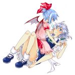  blue_hair ice izayoi_sakuya maid miya_(artist) miya_(tsumazukanai) mouth_hold remilia_scarlet ribbon ribbons short_hair silver_hair touhou wings yuri 