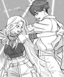  1boy 1girl alien_stage back_cutout breasts clothing_cutout commentary crop_top english_commentary greyscale halter_shirt halterneck headset highres ivan_(alien_stage) jewelry large_breasts long_hair michi_(hnkn_michi) microphone mizi_(alien_stage) monochrome necklace open_mouth pants short_hair twitter_username very_long_hair very_short_hair 