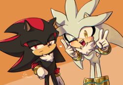  2boys 3582y :d animal_ears animal_nose black_fur commentary_request fang furry furry_male gloves grey_fur hand_on_own_hip hedgehog_boy looking_at_viewer male_focus multiple_boys neck_fur one_eye_closed open_mouth orange_background red_eyes shadow_the_hedgehog short_tail silver_the_hedgehog simple_background smile sonic_(series) standing tail v white_fur white_gloves yellow_eyes 