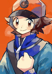  1boy anidler91 baseball_cap black_shirt blue_jacket blush brown_eyes brown_hair closed_mouth hat highres hilbert_(pokemon) jacket long_sleeves looking_at_viewer male_focus poke_ball_print pokemon pokemon_bw shirt short_hair simple_background smile solo upper_body zipper_pull_tab 