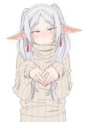  1girl alternate_costume blush closed_mouth commentary earrings ears_down eitopondo elf embarrassed flat_chest frieren frown green_eyes grey_sweater highres holding holding_own_hair jewelry jitome long_hair long_sleeves looking_at_viewer parted_bangs pointy_ears ribbed_sweater short_eyebrows simple_background solo sousou_no_frieren sweater thick_eyebrows turtleneck turtleneck_sweater twintails upper_body white_background white_hair 