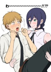  1boy 1girl absurdres assertive_female black_choker black_ribbon carrying chainsaw_man choker denji_(chainsaw_man) fushimi243mimim green_eyes hair_between_eyes hair_bun highres neck_ribbon princess_carry reze_(chainsaw_man) ribbon shirt shirt_tucked_in single_hair_bun sleeveless sleeveless_shirt 