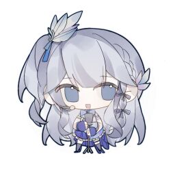  1girl absurdly_long_hair armlet bare_shoulders blue_bow blue_bowtie blue_dress blue_eyes blue_ribbon blunt_bangs bow bowtie braid brooch chibi dress eyes_visible_through_hair feather_hair_ornament feathers fingerless_gloves frilled_dress frills gloves grey_bow grey_hair grey_ribbon grey_socks hair_ornament hair_ribbon happy headset holding holding_microphone_stand idol infinity_nikki jewelry light_blush long_hair looking_at_viewer microphone microphone_stand nikki_(series) one_side_up open_mouth over-kneehighs purple_gloves ribbon shiyun86681 short_dress side_braid sidelocks simple_background smile socks solo standing starry_nocturne_(infinity_nikki) strapless strapless_dress thigh-highs thigh_strap train_(clothing) very_long_hair wavy_hair white_background 