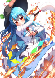  1girl absurdres ambasa black_hat blue_hair blue_skirt fire hat highres hinanawi_tenshi long_hair looking_at_viewer peach_hat_ornament red_eyes shirt simple_background skirt smile solo sword_of_hisou touhou white_background white_shirt 