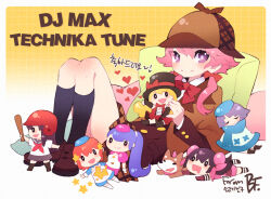  6+girls ankle_boots annotated artist_name bandana baseball_bat baseball_helmet bf._(sogogiching) black_boots black_eyes black_gloves black_hair black_hat black_socks blonde_hair blouse blue_hair blue_hat blue_scarf blue_shorts blue_sleeves blunt_bangs blunt_ends blush boots border bow bright_pupils brown_capelet brown_hat brown_jacket brown_shoes brown_skirt brown_sleeves bun_cover bustier buttons capelet character_doll closed_eyes closed_mouth coat collared_shirt copyright_name corgi_(djmax) creator_connection cross-laced_bustier cross-laced_clothes cross-laced_top deerstalker detached_collar djmax djmax_portable djmax_respect djmax_technika dog doll dress_shoes elbow_gloves english_text eyes_visible_through_hair film_grain gloves gold_buttons grey_hair grey_sailor_collar grey_skirt grid_background hair_between_eyes hair_bow hair_bun hair_ornament hair_ribbon hair_tie hat hat_bow heart helmet holding holding_baseball_bat holding_star jacket kim_yuna_(djmax) lapels legs_apart legs_together lin_(djmax) loafers long_hair low-tied_long_hair lumi_(djmax) lupine medium_hair melody_(djmax) miniskirt multiple_girls neckerchief notched_lapels open_mouth pillow pink_bandana pink_eyes pink_hair pink_ribbon pink_shirt pink_shorts pink_skirt pink_sleeves plaid_clothes plaid_hat plaid_skirt pleated_skirt ponytail puffy_short_sleeves puffy_shorts puffy_sleeves red_bow red_bustier red_gloves red_helmet red_neckerchief red_skirt ribbon sailor_collar scarf school_uniform sena_(djmax) serafuku shirley_house shirt shoes short_hair short_sleeves shorts signature skirt sleeve_cuffs smile socks star_(symbol) star_hair_ornament third-party_source translation_request v-shaped_eyebrows very_long_hair violet_eyes welsh_corgi white_border white_coat white_pupils white_shirt white_sleeves yellow_background 