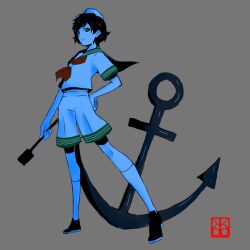  1girl anchor bike_shorts black_hair black_shoes brown_background collared_shirt full_body green_eyes hand_on_own_hip hat highres holding holding_ladle kneehighs ladle looking_at_viewer murasa_minamitsu neckerchief nene_(kuroear99) red_neckerchief shirt shoes short_hair short_sleeves shorts simple_background socks solo standing touhou white_hat white_shirt white_shorts white_socks 