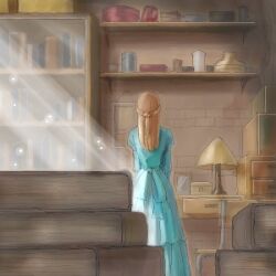  1girl blue_dress book book_stack brown_hair commentary_request dress from_behind full_body indoors lamp long_dress long_hair lowres oekaki original shelf solo standing sunlight tororo_(16763) 