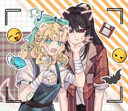  2girls :d :t absurdres alternate_costume aqua_bow aqua_eyes bandaged_arm bandaged_hand bandages bat_(animal) black_hair blonde_hair blue_dress bow collared_shirt conch diagonal-striped_background drawn_ears drawn_tail drawn_whiskers dress emoji floppy_disk gauze_on_arm hair_bow hand_on_another&#039;s_chin highres interboat long_hair looking_at_viewer lorelei_(reverse:1999) multiple_girls open_clothes open_shirt ponytail red_eyes red_shirt reverse:1999 semmelweis_(reverse:1999) shirt short_sleeves side-by-side sleeveless sleeveless_dress smile striped_background sweat upper_body white_shirt 