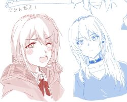  2girls blush choker girls_band_cry iseri_nina jacket kawaragi_momoka long_hair multicolored_hair multiple_girls multiple_monochrome n_nai_nai_n oekaki one_eye_closed open_mouth roots_(hair) short_hair simple_background teeth upper_teeth_only white_background 