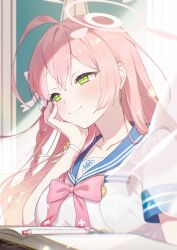  1girl absurdres ahoge blue_archive blue_sailor_collar blush bow bowtie braid breasts bright_pupils classroom closed_mouth commentary_request curtains desk green_eyes halo hanako_(blue_archive) hand_on_own_cheek hand_on_own_face highres large_breasts long_hair looking_afar looking_ahead mechanical_pencil notebook overexposure pencil pink_bow pink_bowtie pink_hair pink_halo ribbon sailor_collar sarukichi school_desk shirt short_sleeves side_braid sidelighting single_braid smile solo upper_body very_long_hair white_pupils white_shirt wind wrist_ribbon 