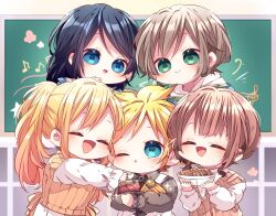  1boy 4girls :d ;o bag_of_chips blonde_hair blue_eyes blue_hair brown_hair character_request chibi chibi_only closed_eyes closed_mouth commentary_request food green_eyes grey_shirt holding holding_food hood hood_down hoodie kagamine_len kaho_0102 long_hair long_sleeves multiple_girls musical_note one_eye_closed open_mouth orange_vest ponytail project_sekai shirt short_hair smile upper_body vest vocaloid white_hoodie white_shirt 