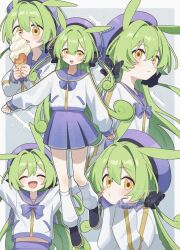  1girl :d ^_^ alternate_costume alternate_hairstyle animal_ears black_shoes blue_bow blue_bowtie blue_hat blue_sailor_collar blue_skirt blush border bow bowtie closed_eyes closed_mouth commentary_request corn_kuten double-parted_bangs food full_body green_hair grey_background hair_between_eyes hat holding holding_food holding_ice_cream ice_cream long_hair long_sleeves multiple_views open_mouth outline outside_border pleated_skirt sailor_collar shirt shoes skirt smile socks standing two_side_up voicevox watermark white_border white_outline white_shirt white_socks yellow_eyes zundamon 