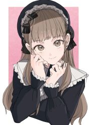  1girl absurdres black_bonnet black_dress bonnet brown_eyes brown_hair closed_mouth cropped_torso dress highres light_blush long_hair long_sleeves looking_at_viewer nijisanji official_alternate_costume ogura_tubuan pink_background puritan_collar sidelocks sister_claire sister_claire_(11th_costume) smile solo straight_hair upper_body victorian virtual_youtuber wispy_bangs 