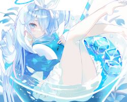  1girl air_bubble alternate_hair_length alternate_hairstyle arched_soles arona_(blue_archive) bare_legs barefoot blue_archive blue_eyes blue_hair blue_halo blue_shirt blue_theme blush bow bow_hairband bubble choker closed_mouth cup drink drinking_glass drinking_straw expressionless folded foot_out_of_frame hair_flowing_over hair_over_one_eye hairband halo highres hugging_doll hugging_object ice ice_cube in_container in_cup knees_together_feet_apart legs_up long_bangs long_hair long_sleeves looking_at_viewer marant38 miniskirt multicolored_hair one_eye_covered partially_submerged pink_streaks plantar_flexion pleated_skirt shirt skirt solo streaked_hair stuffed_whale toes traditional_halo two-tone_hair very_long_hair white_background white_bow white_choker white_hairband white_skirt 