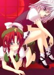  blue_eyes braid hat hong_meiling human_chair human_furniture izayoi_sakuya knife maid moon red_hair red_moon redhead saki_chisuzu sakichi_suzu silver_hair sitting sitting_on sitting_on_person touhou twin_braids 