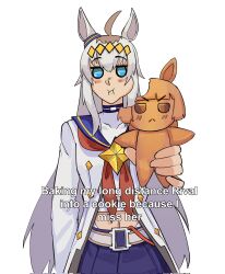  1girl :&lt; :i animal_ears baking_my_long_distance_bf_into_a_cookie_because_i_miss_him_(meme) belt blue_eyes blue_sailor_collar blue_skirt blush brown_hair character-themed_food character_cookie cookie cowboy_shot cupperexe eating food food_bite fujimasa_march_(umamusume) grey_hair highres holding holding_cookie holding_food horse_ears horse_girl jitome long_hair long_sleeves meme midriff_peek navel neckerchief oguri_cap_(starlight_beat)_(umamusume) oguri_cap_(umamusume) red_neckerchief sailor_collar sailor_shirt school_uniform serafuku shirt simple_background skirt solid_circle_eyes solo star_ornament umamusume umamusume:_cinderella_gray white_background white_shirt 