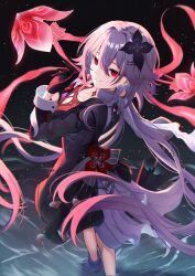  1girl absurdres black_dress black_gloves closed_umbrella commentary_request dress evernight_(honkai:_star_rail) evey_(honkai:_star_rail) flower from_behind gao_kawa gloves hair_between_eyes hair_flower hair_ornament hairclip hand_up highres holding holding_umbrella honkai:_star_rail honkai_(series) long_hair looking_back march_7th_(honkai:_star_rail) parallel_hairclips parted_lips pink_hair purple_flower red_eyes smile solo standing umbrella very_long_hair 