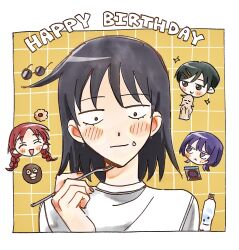 4girls :< :d ^_^ bad_id bad_twitter_id black_eyes black_hair blush bottle braid braided_twintails closed_eyes commentary_request fujii_ayame futsuu_no_keion-bu grid_background hair_ornament hairpin happy_birthday hatono_chihiro heartbreak_(futsuu_no_keion-bu) highres hmdisuki inactive_account jitome kouyama_rin mole mole_under_eye multiple_girls pixie_cut portrait purple_hair red_hair shirt short_hair side_ahoge small_pupils smile solo_focus sparkle sunglasses twin_braids twintails uchida_momo unworn_eyewear violet_eyes water_bottle white_shirt 