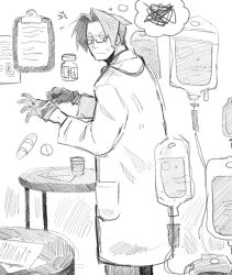  1boy ace_attorney adjusting_clothes adjusting_gloves black_gloves black_pants clipboard closed_mouth coat curtained_hair frown glasses gloves greyscale highres intravenous_drip lab_coat long_sleeves male_focus miles_edgeworth monochrome nanomias pants pill short_hair sketch solo speech_bubble thought_bubble white_coat 